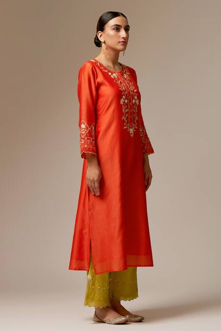 Anantaa By Roohi_Orange Silk Chanderi Round Kurta _Online_at_Aza_Fashions