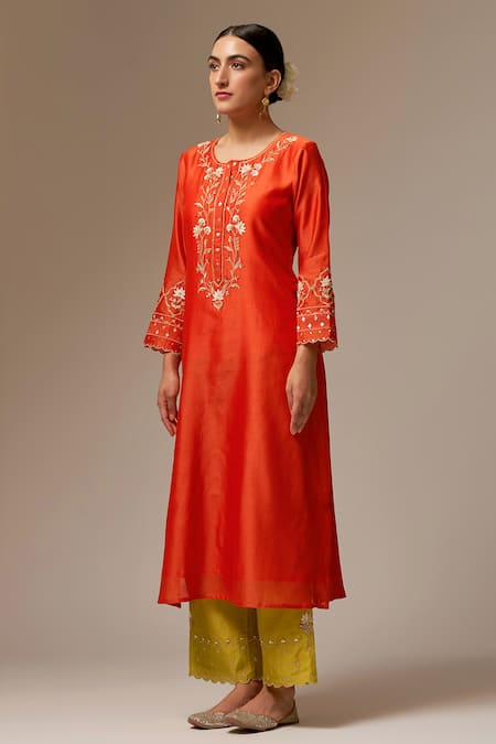 Buy_Anantaa By Roohi_Orange Silk Chanderi Round Kurta _Online_at_Aza_Fashions