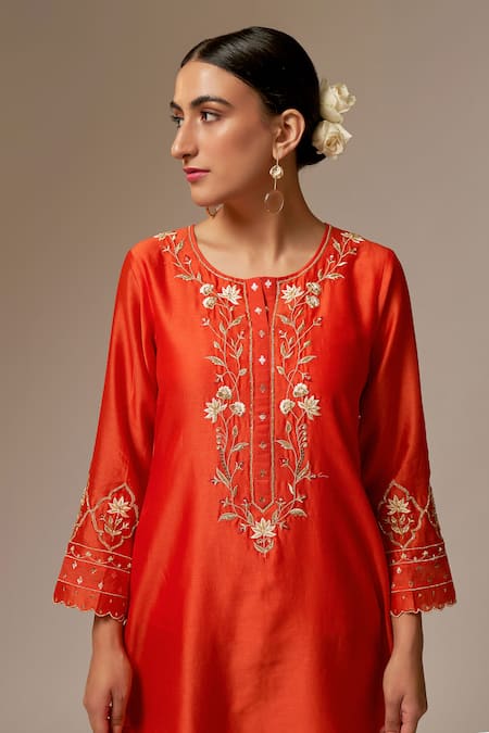 Shop_Anantaa By Roohi_Orange Silk Chanderi Round Kurta _Online_at_Aza_Fashions