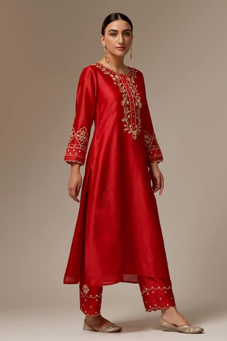 Buy Red Silk Chanderi Embroidery Round Kurta For Women by Anantaa by ...