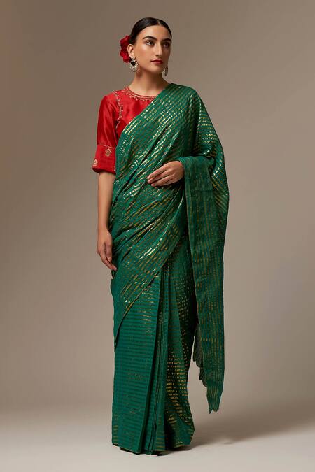 Vishal Prints Dark Green And Orange Georgette Saree With Foil Print An