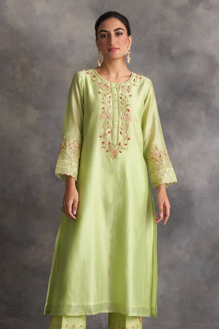 Shop_Anantaa By Roohi_Green Silk Chanderi Round Kurta _Online_at_Aza_Fashions