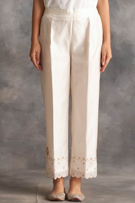 Buy White Handcrafted Vegan Silk Pants for Men | FGMNSP21-07 | Farida Gupta