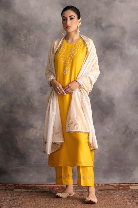 Buy_Anantaa By Roohi_Yellow Silk Chanderi Round Kurta _Online_at_Aza_Fashions