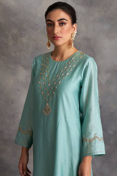 Shop_Anantaa By Roohi_Blue Silk Chanderi Round Kurta _Online_at_Aza_Fashions