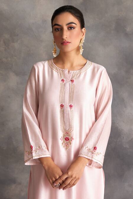 Shop_Anantaa By Roohi_Pink Silk Chanderi Round Kurta _Online_at_Aza_Fashions