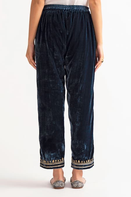 Anantaa By Roohi_Blue Velvet Embroidered Pant _Online_at_Aza_Fashions
