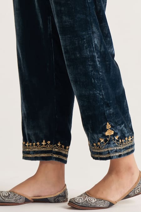 Buy_Anantaa By Roohi_Blue Velvet Embroidered Pant _Online_at_Aza_Fashions