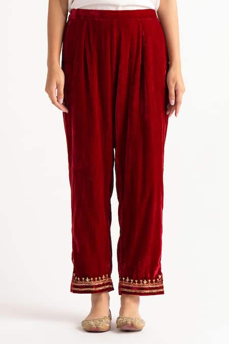 Anantaa By Roohi_Red Velvet Embroidered Pant _Online_at_Aza_Fashions