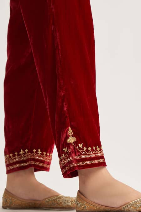 Shop_Anantaa By Roohi_Red Velvet Embroidered Pant _Online_at_Aza_Fashions