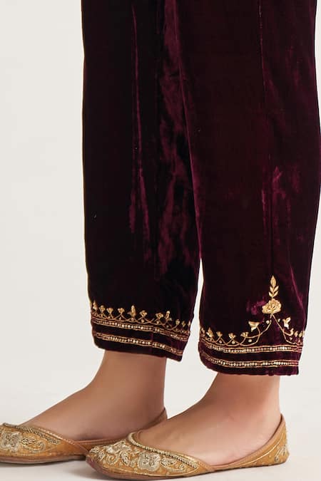 Buy Anantaa By Roohi Wine Velvet Embroidered Pant Online at Aza Fashions Buy_Anantaa By Roohi_Wine Velvet Embroidered Pant _Online_at_Aza_Fashions