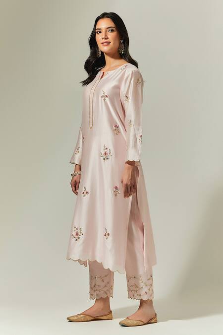 Shop_Anantaa By Roohi_Pink Silk Chanderi Floral Round Kurta _Online_at_Aza_Fashions