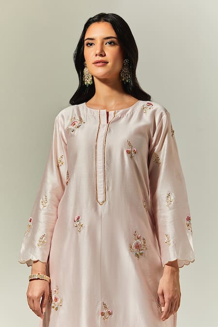 Anantaa By Roohi_Pink Silk Chanderi Floral Round Kurta _at_Aza_Fashions