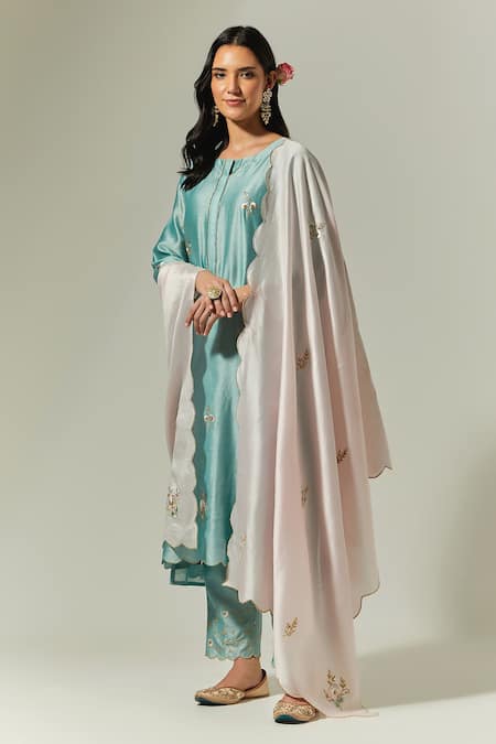 Buy_Anantaa By Roohi_Blue Silk Chanderi Floral Round Embroidered Kurta _Online_at_Aza_Fashions