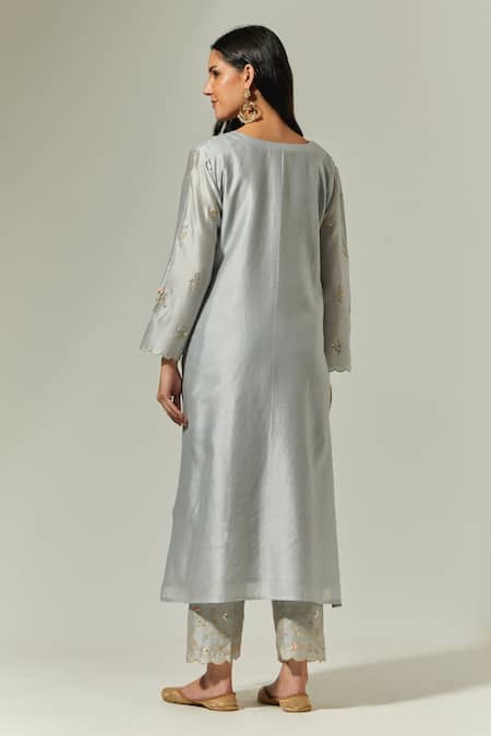 Shop_Anantaa By Roohi_Grey Silk Chanderi Floral Round Embroidered Kurta _at_Aza_Fashions