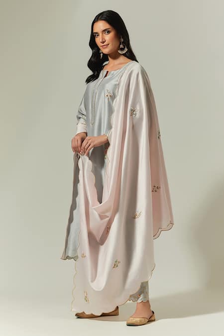 Buy_Anantaa By Roohi_Grey Silk Chanderi Floral Round Embroidered Kurta _Online_at_Aza_Fashions