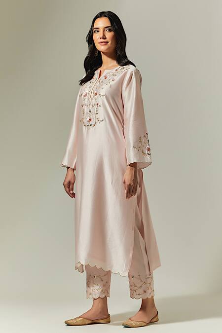Shop_Anantaa By Roohi_Pink Silk Chanderi Floral Notched Kurta _Online_at_Aza_Fashions