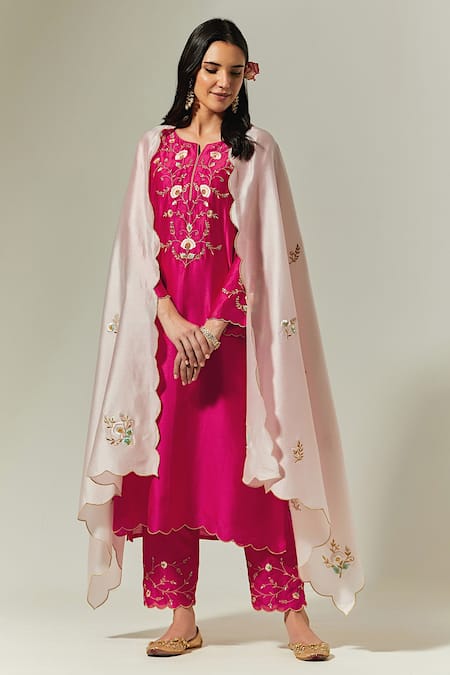 Shop_Anantaa By Roohi_Pink Silk Chanderi Floral Embroidered Dupatta _at_Aza_Fashions