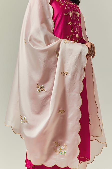 Buy_Anantaa By Roohi_Pink Silk Chanderi Floral Embroidered Dupatta _Online_at_Aza_Fashions