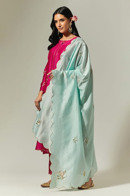 Anantaa By Roohi_Blue Silk Chanderi Floral Embroidered Dupatta _Online_at_Aza_Fashions