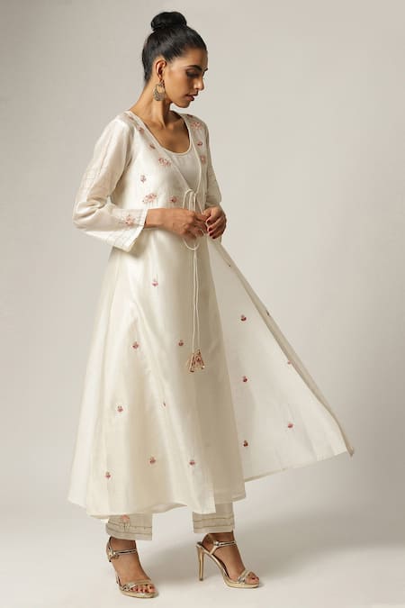 Buy_Anantaa By Roohi_White Silk Chanderi U Neck Jacket With Kurta _Online_at_Aza_Fashions