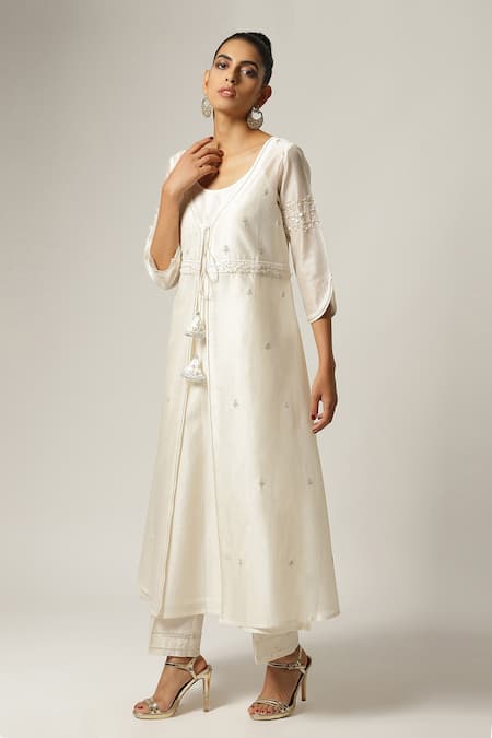 Anantaa By Roohi_White Silk Chanderi U Neck Jacket With Kurta _Online_at_Aza_Fashions