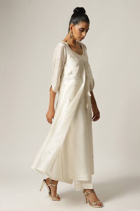 Buy_Anantaa By Roohi_White Silk Chanderi U Neck Jacket With Kurta _Online_at_Aza_Fashions