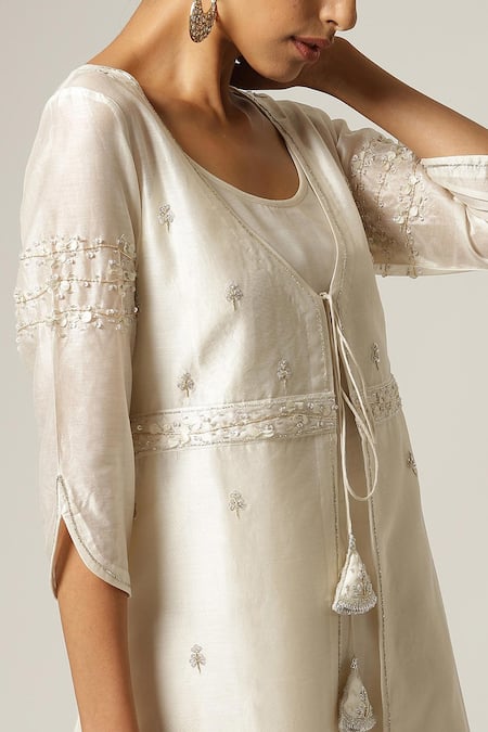 Anantaa By Roohi_White Silk Chanderi U Neck Jacket With Kurta _at_Aza_Fashions