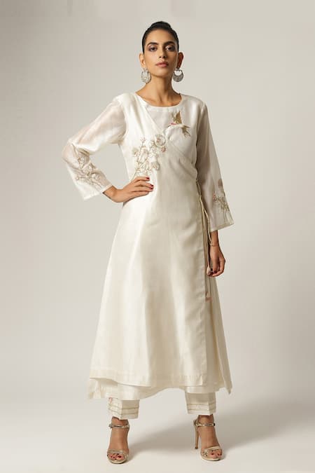 Anantaa by Roohi_White Silk Chanderi Round Angrakha _Online_at_Aza_Fashions