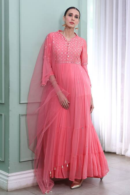 Seams Pret And Couture Pink Georgette Embroidered Mirror Work V Neck Ananya Anarkali With Dupatta 