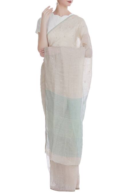 Anavila Beige Polka Jamdani Handwoven Linen Saree For Women