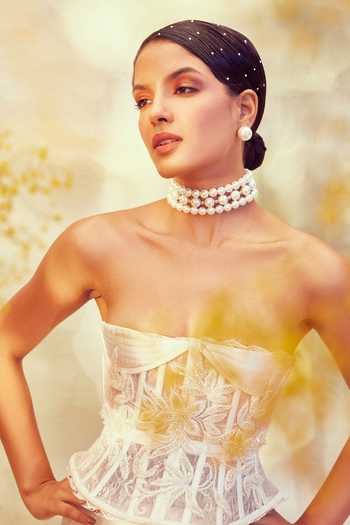 Shop Anaash White Swarovski Pearl Layered Choker at Aza Fashions Shop_Anaash_White Swarovski Pearl Layered Choker _at_Aza_Fashions