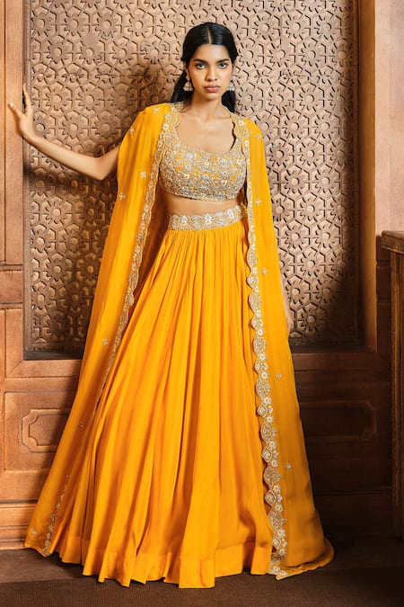 Aneesh Agarwaal Yellow Soft Organza Embroidery Sequin Scoop Neck Placement Cape Lehenga Set