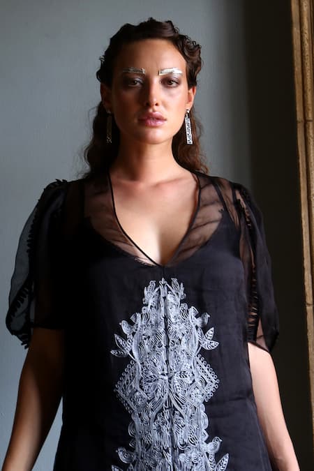 Buy_Nidhi Yasha_Black Viscose Embroidered V Neck Sheer Dress  _Online_at_Aza_Fashions