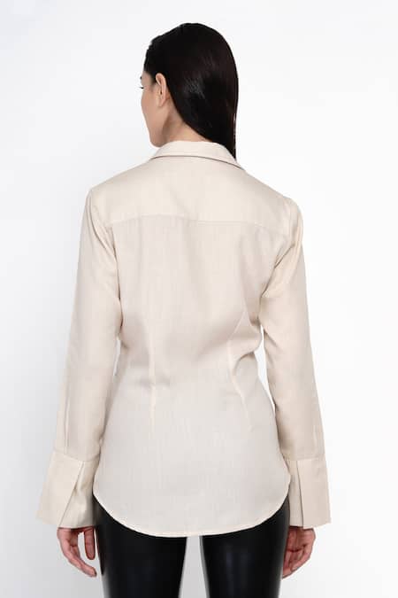 Shop Angry Owl Beige Bamboo Cotton Spread Collar Full Sleeve Shirt at Aza Fashions Shop_Angry Owl_Beige Bamboo Cotton Spread Collar Full Sleeve Shirt _at_Aza_Fashions