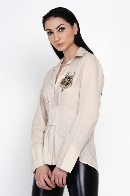 Angry Owl_Beige Bamboo Cotton Spread Collar Full Sleeve Shirt _Online_at_Aza_Fashions