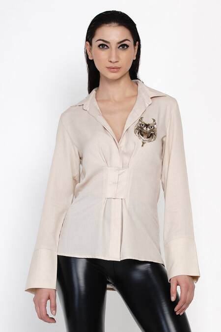 Buy_Angry Owl_Beige Bamboo Cotton Spread Collar Full Sleeve Shirt _Online_at_Aza_Fashions