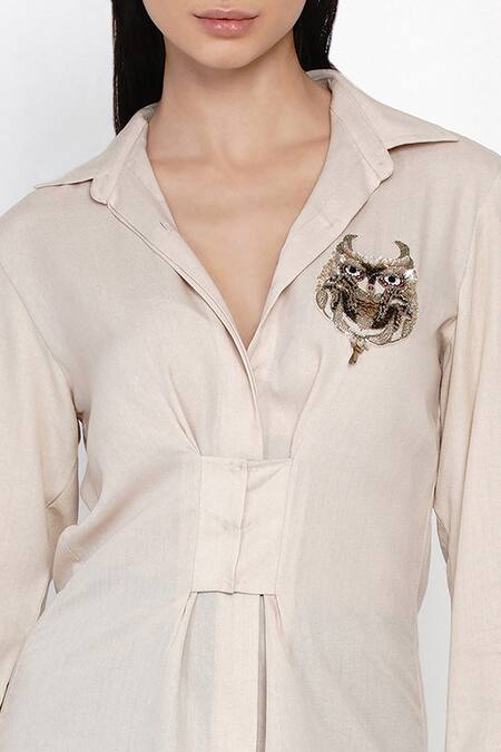 Shop_Angry Owl_Beige Bamboo Cotton Spread Collar Full Sleeve Shirt _Online_at_Aza_Fashions