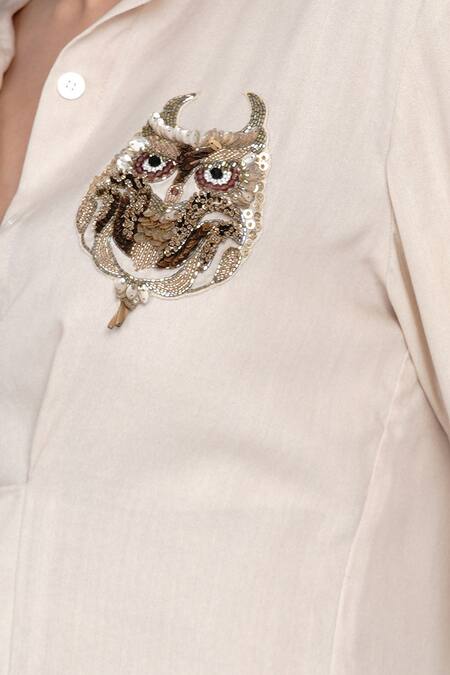 Angry Owl_Beige Bamboo Cotton Spread Collar Full Sleeve Shirt _at_Aza_Fashions