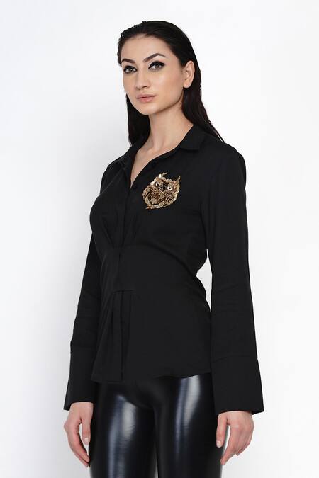 Angry Owl_Black Bamboo Cotton Spread Collar Full Sleeve Shirt _Online_at_Aza_Fashions