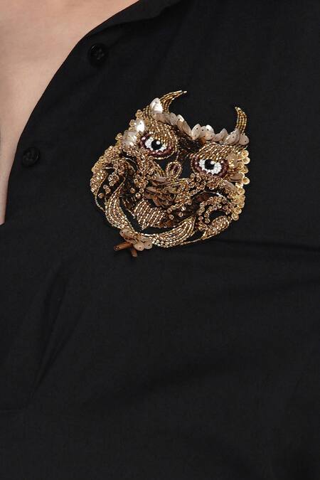 Angry Owl_Black Bamboo Cotton Spread Collar Full Sleeve Shirt _at_Aza_Fashions