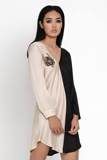 Angry Owl_Beige Modal V Neck Colorblock Dress _Online_at_Aza_Fashions