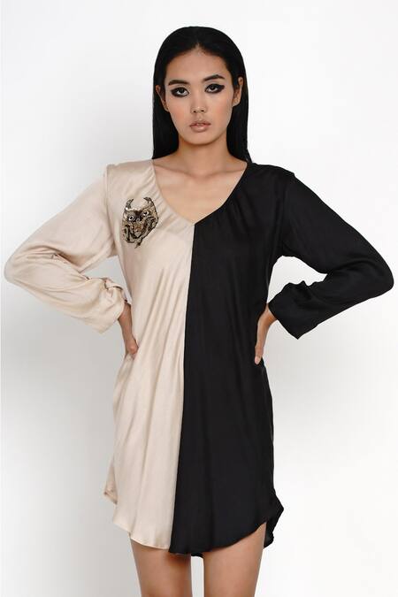 Buy_Angry Owl_Beige Modal V Neck Colorblock Dress _Online_at_Aza_Fashions