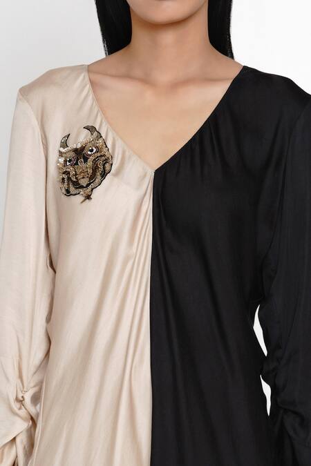 Shop_Angry Owl_Beige Modal V Neck Colorblock Dress _Online_at_Aza_Fashions