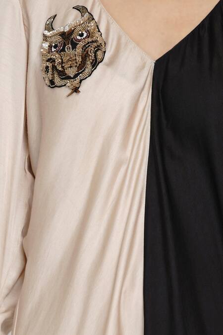 Angry Owl_Beige Modal V Neck Colorblock Dress _at_Aza_Fashions