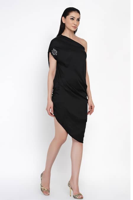 Angry Owl_Black Modal Asymmetric One Shoulder Dress _Online_at_Aza_Fashions
