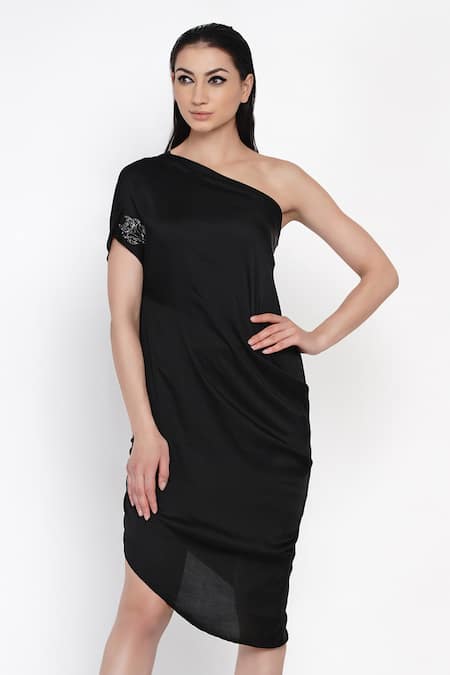 Buy_Angry Owl_Black Modal Asymmetric One Shoulder Dress _Online_at_Aza_Fashions