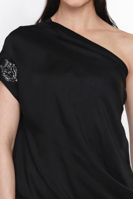 Shop_Angry Owl_Black Modal Asymmetric One Shoulder Dress _Online_at_Aza_Fashions
