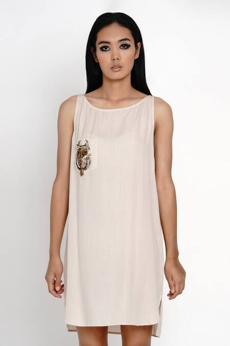 Buy_Angry Owl_Beige Bamboo Cotton Boat Sleeveless Dress _Online_at_Aza_Fashions