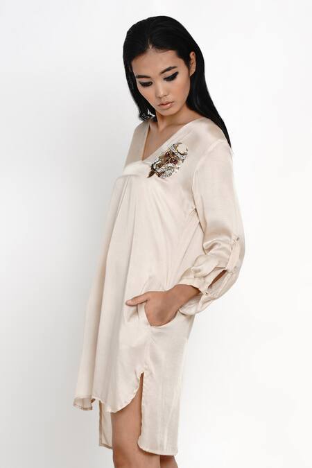 Angry Owl_Beige Modal V Neck High-low Dress _Online_at_Aza_Fashions